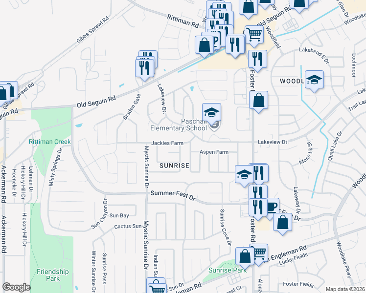 map of restaurants, bars, coffee shops, grocery stores, and more near 4738 Lyndys Farm in San Antonio