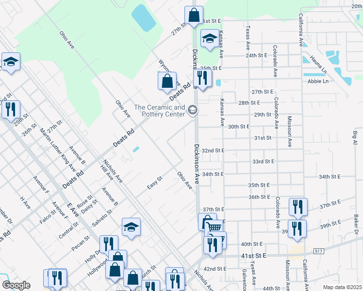 map of restaurants, bars, coffee shops, grocery stores, and more near 3232 Teakwood Circle in Dickinson