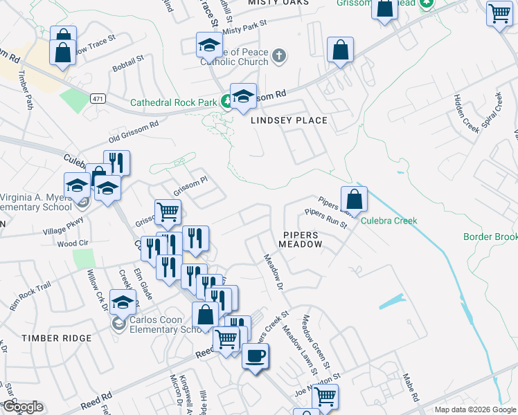 map of restaurants, bars, coffee shops, grocery stores, and more near 7750 Pipers Hill in San Antonio