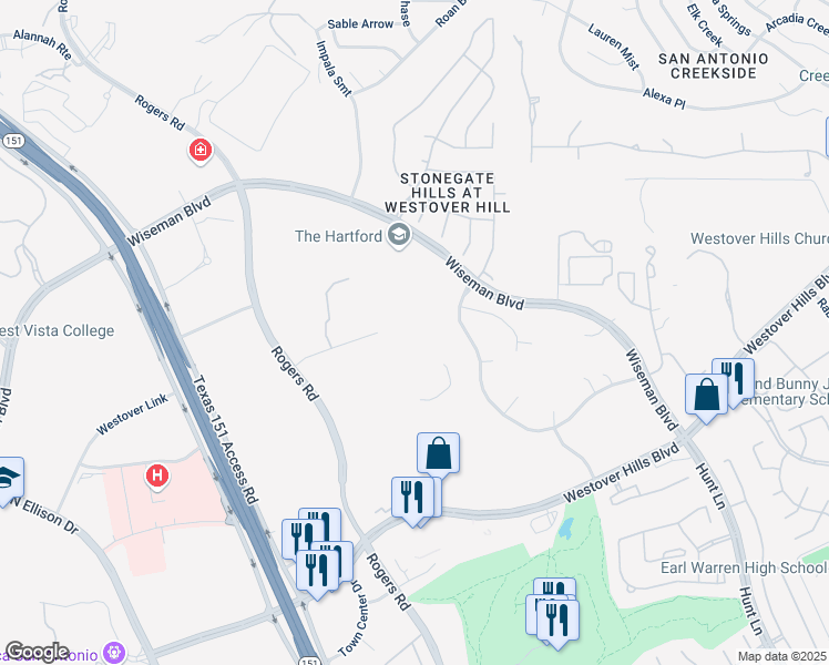 map of restaurants, bars, coffee shops, grocery stores, and more near 10000 Rogers Run in San Antonio