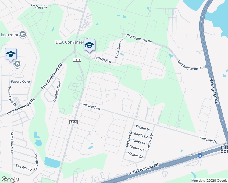 map of restaurants, bars, coffee shops, grocery stores, and more near 8931 Ladbroke Grove in Converse