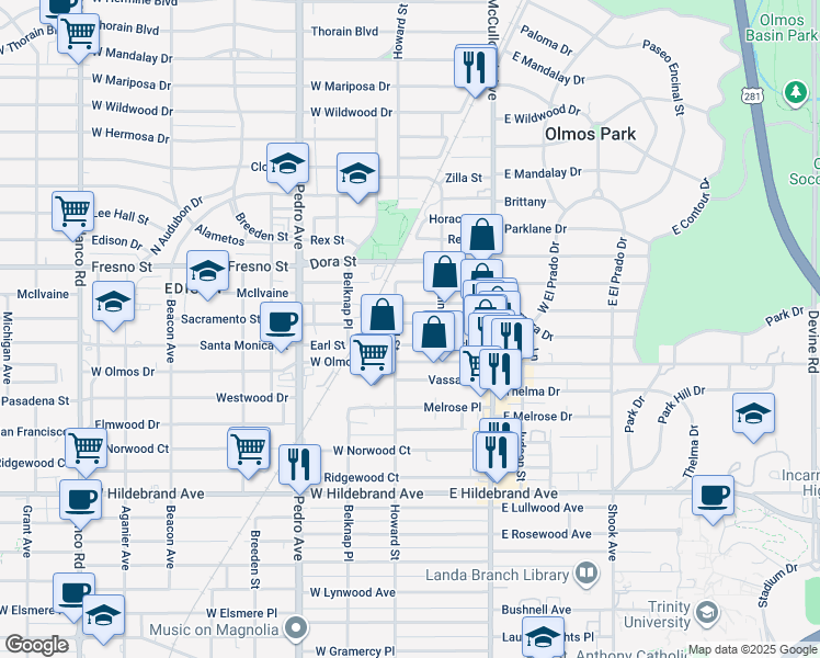 map of restaurants, bars, coffee shops, grocery stores, and more near 220 Millard Street in San Antonio