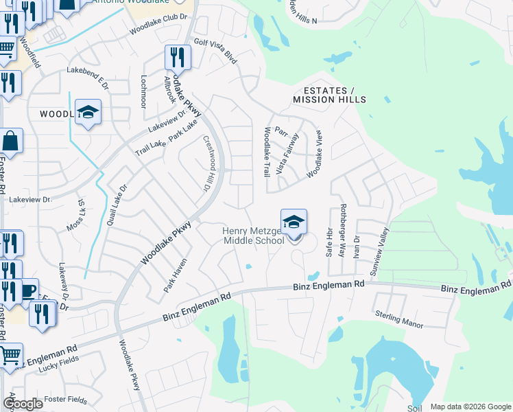 map of restaurants, bars, coffee shops, grocery stores, and more near 4702 Lost Tree in San Antonio