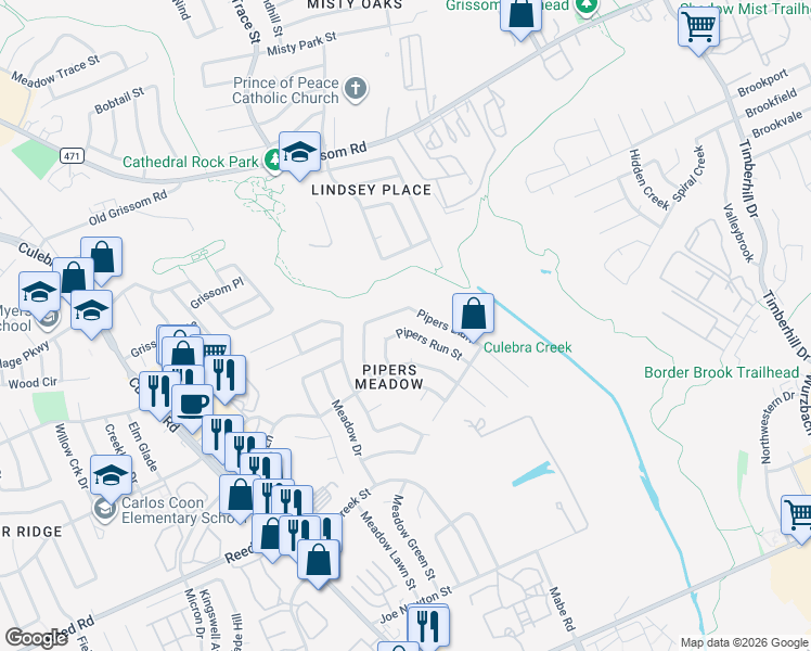 map of restaurants, bars, coffee shops, grocery stores, and more near 3919 Pipers Haven Street in San Antonio