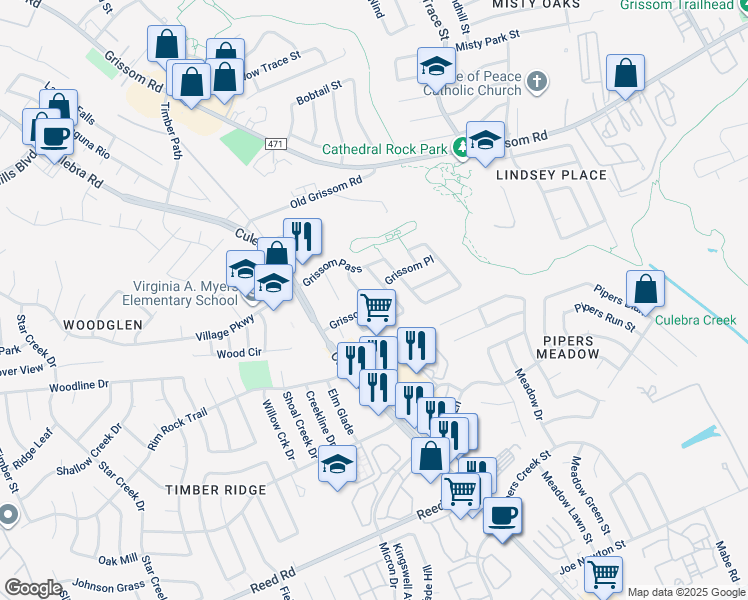 map of restaurants, bars, coffee shops, grocery stores, and more near 8215 Grissom Gate in San Antonio