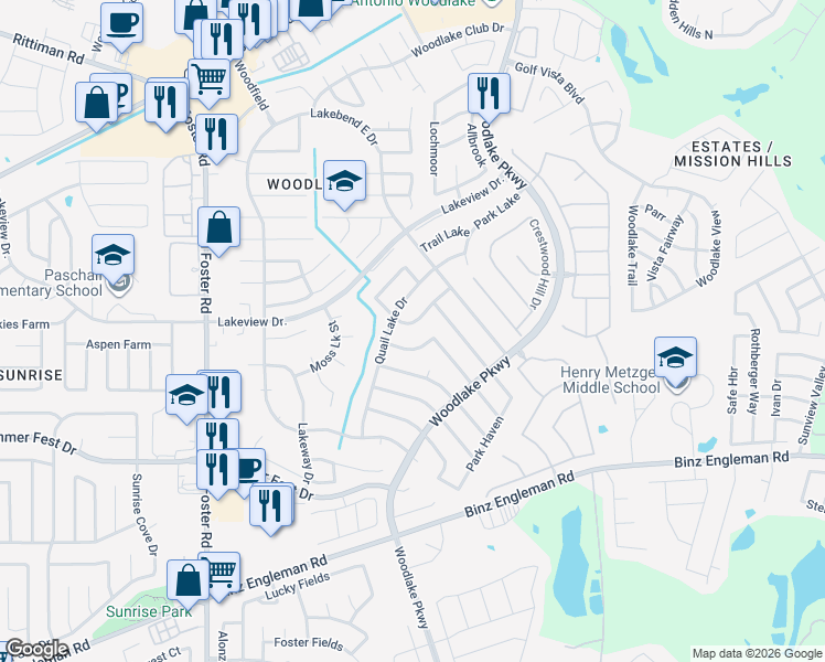 map of restaurants, bars, coffee shops, grocery stores, and more near 5226 Pond Lake Drive in San Antonio