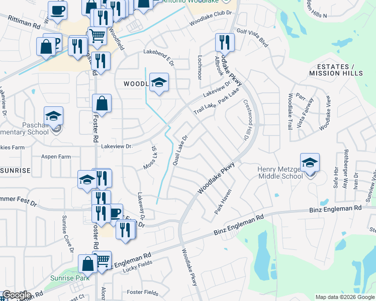 map of restaurants, bars, coffee shops, grocery stores, and more near 5226 Pond Lake Drive in San Antonio