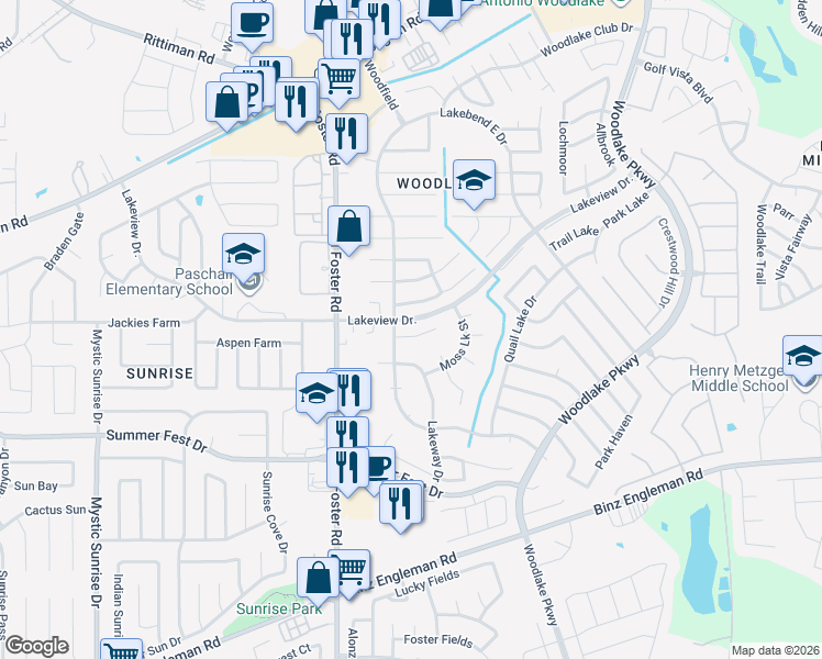 map of restaurants, bars, coffee shops, grocery stores, and more near 6711 Calm Lake Drive in San Antonio