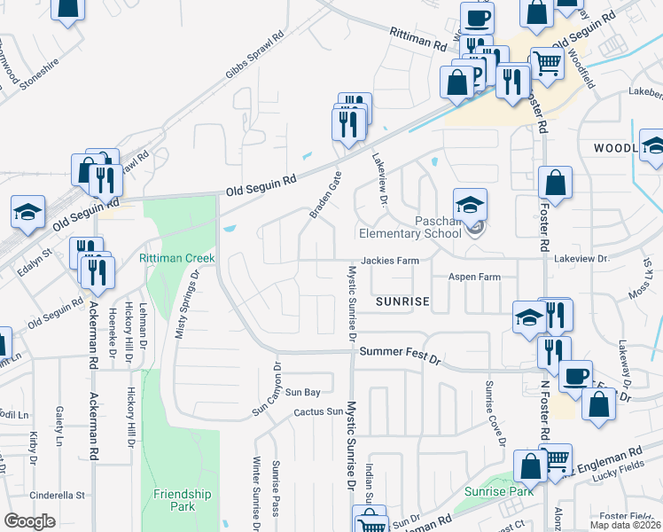 map of restaurants, bars, coffee shops, grocery stores, and more near 6010 Jackies Farm in San Antonio