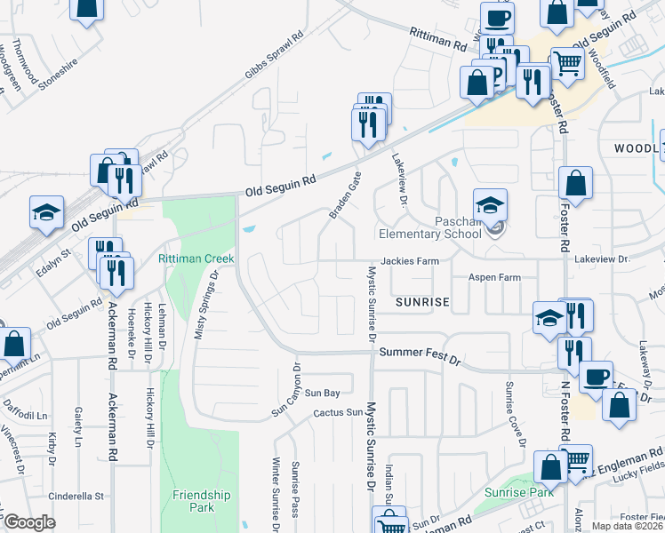 map of restaurants, bars, coffee shops, grocery stores, and more near 6010 Jackies Farm in San Antonio