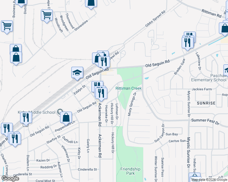map of restaurants, bars, coffee shops, grocery stores, and more near 4545 Hoeneke Drive in Kirby