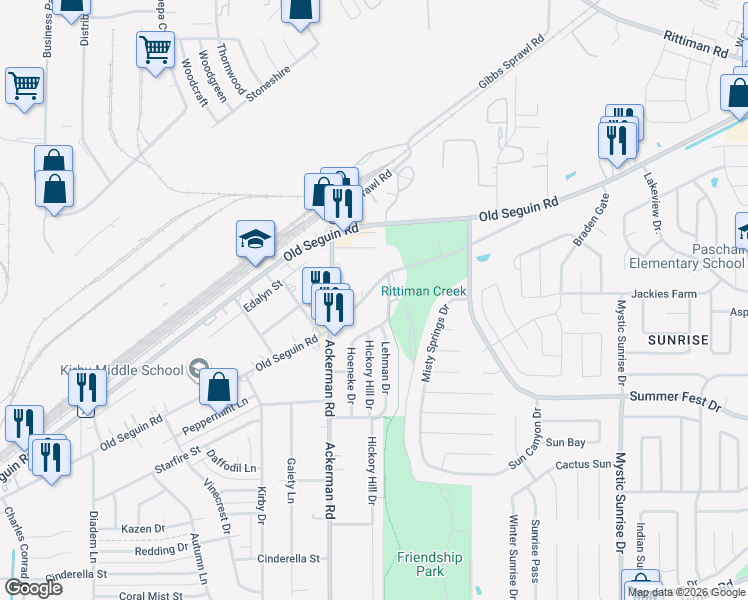 map of restaurants, bars, coffee shops, grocery stores, and more near 4545 Hoeneke Drive in Kirby