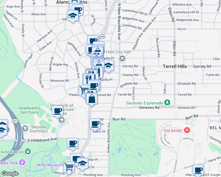map of restaurants, bars, coffee shops, grocery stores, and more near 166 Elizabeth Road in San Antonio