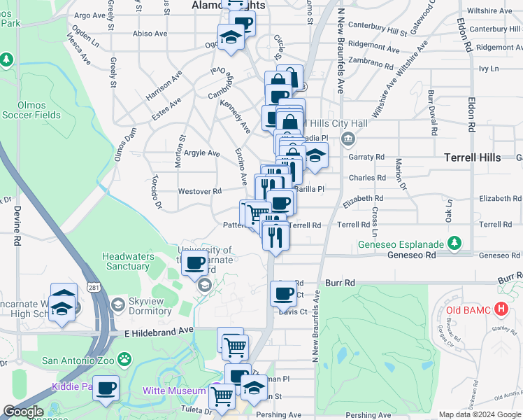 map of restaurants, bars, coffee shops, grocery stores, and more near 100 Mary D Avenue in Alamo Heights