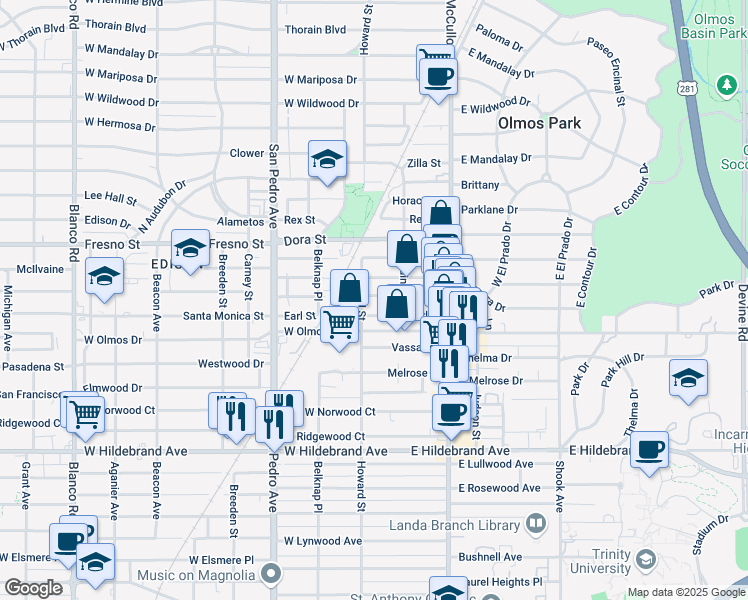 map of restaurants, bars, coffee shops, grocery stores, and more near 220 Millard Street in San Antonio