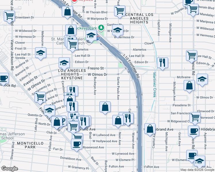 map of restaurants, bars, coffee shops, grocery stores, and more near Santa Monica in San Antonio