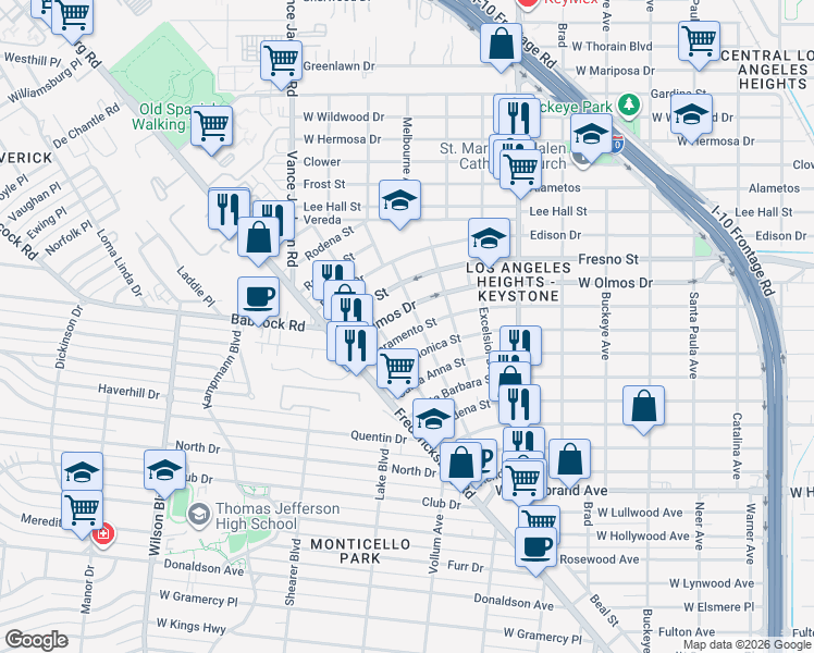 map of restaurants, bars, coffee shops, grocery stores, and more near 2205 Sacramento in San Antonio