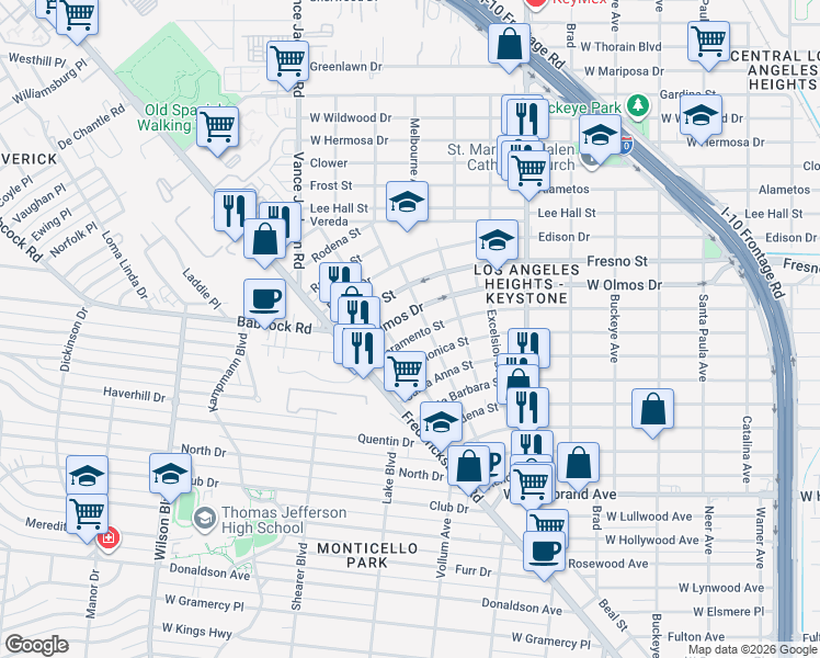 map of restaurants, bars, coffee shops, grocery stores, and more near 2205 Sacramento in San Antonio