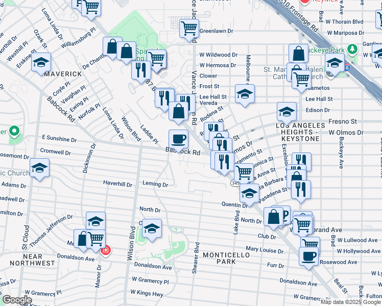map of restaurants, bars, coffee shops, grocery stores, and more near 104 Babcock Road in San Antonio