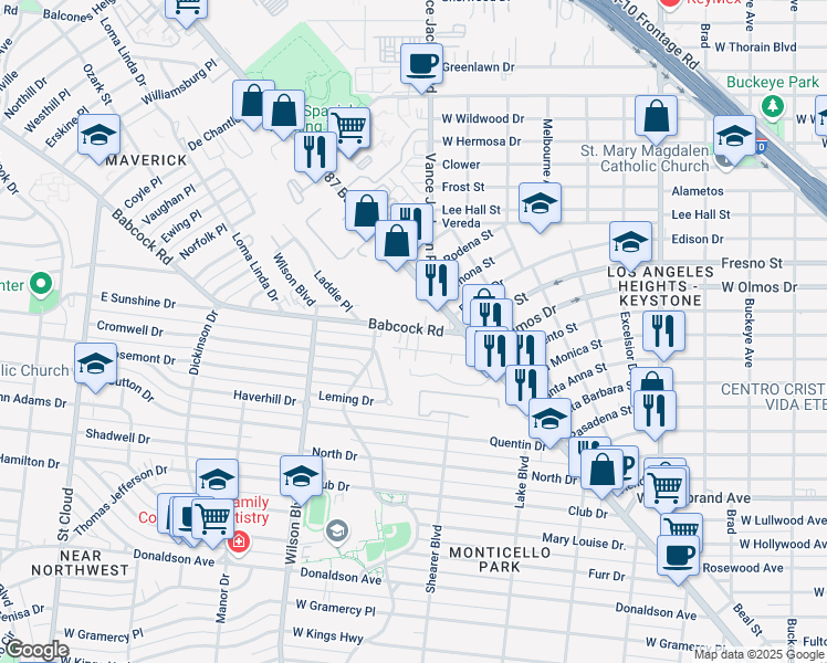map of restaurants, bars, coffee shops, grocery stores, and more near 104 Babcock Road in San Antonio
