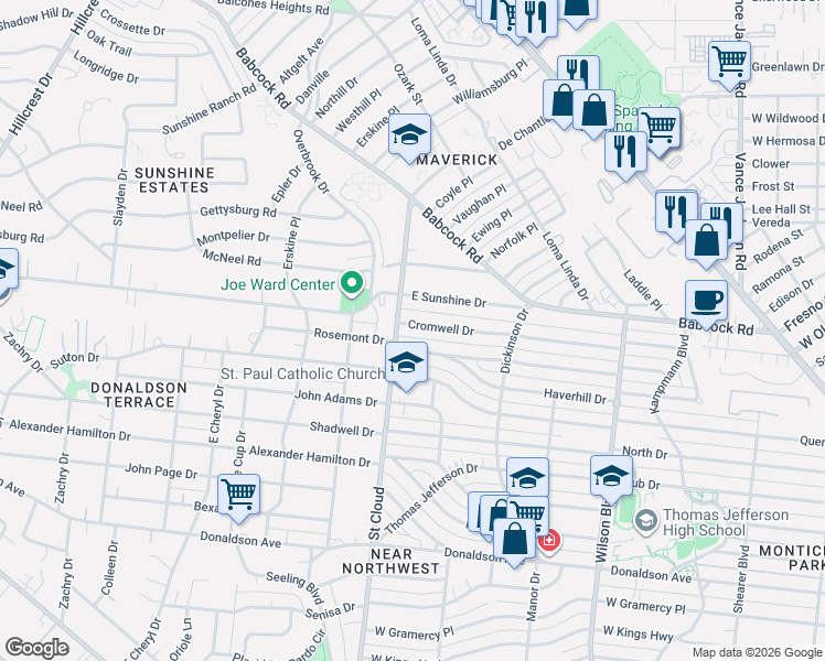 map of restaurants, bars, coffee shops, grocery stores, and more near 254 Cromwell Drive in San Antonio