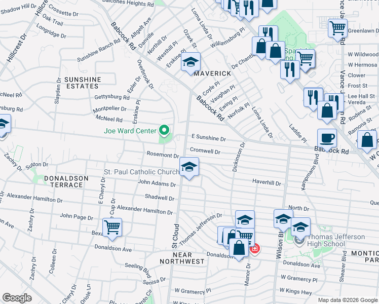 map of restaurants, bars, coffee shops, grocery stores, and more near 1911 Saint Cloud in San Antonio