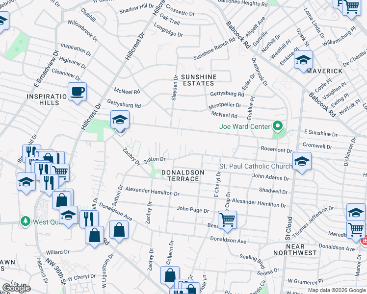 map of restaurants, bars, coffee shops, grocery stores, and more near 4215 Woodmanor Drive in San Antonio