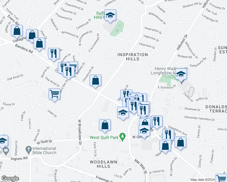 map of restaurants, bars, coffee shops, grocery stores, and more near 1842 Bandera Road in San Antonio