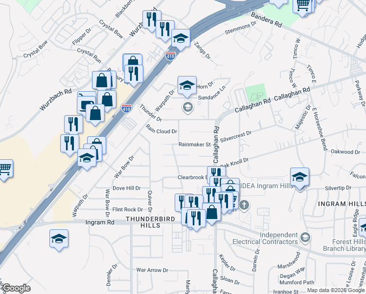 map of restaurants, bars, coffee shops, grocery stores, and more near 5946 Rainmaker Street in San Antonio