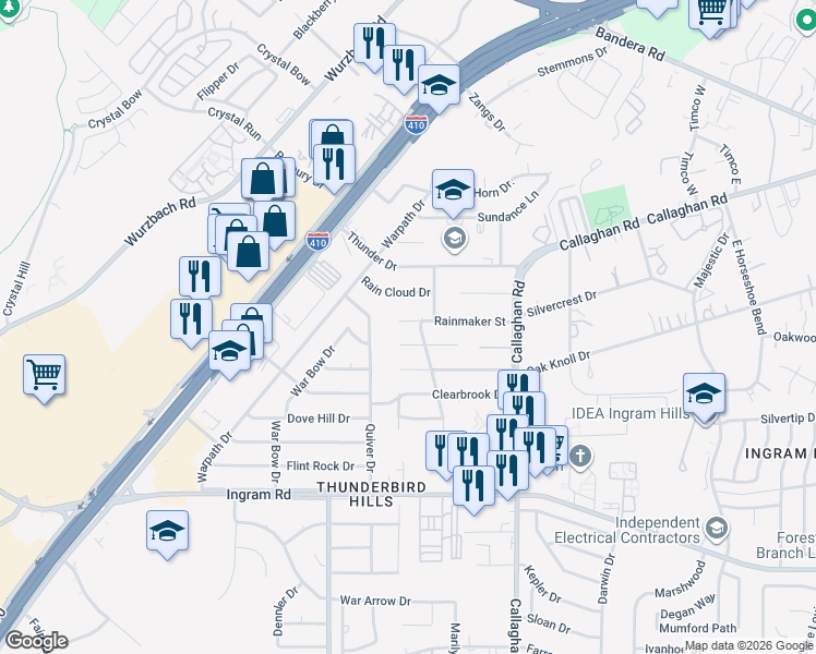 map of restaurants, bars, coffee shops, grocery stores, and more near 6022 Rainmaker Street in San Antonio