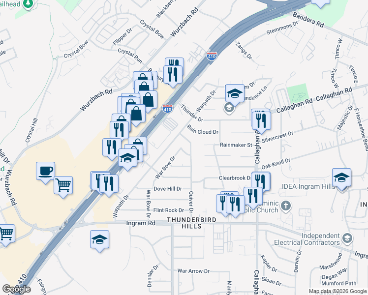map of restaurants, bars, coffee shops, grocery stores, and more near 6207 Moccasin Street in San Antonio