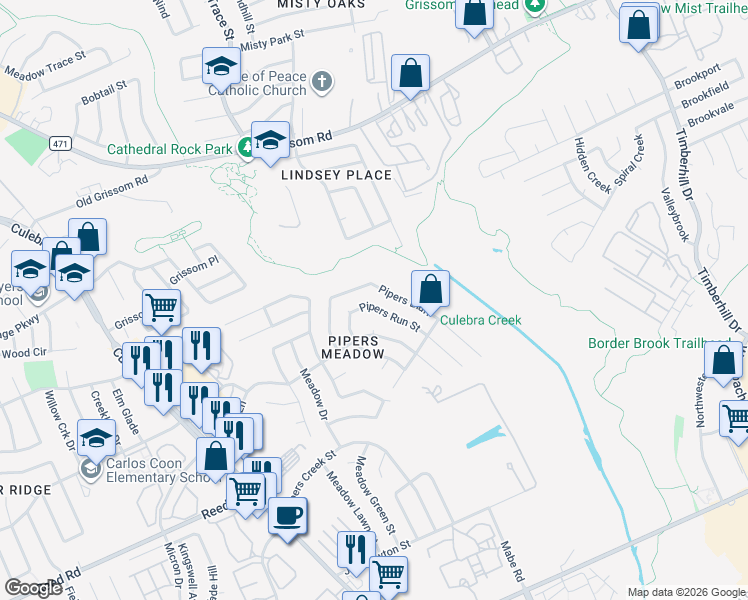 map of restaurants, bars, coffee shops, grocery stores, and more near 3919 Pipers Haven Street in San Antonio