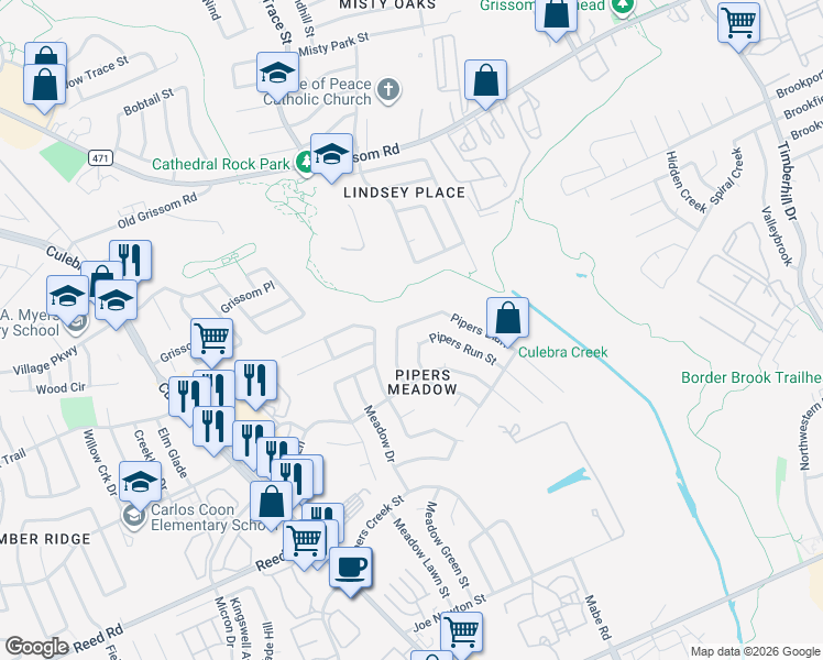map of restaurants, bars, coffee shops, grocery stores, and more near 7735 Pipers View Street in San Antonio