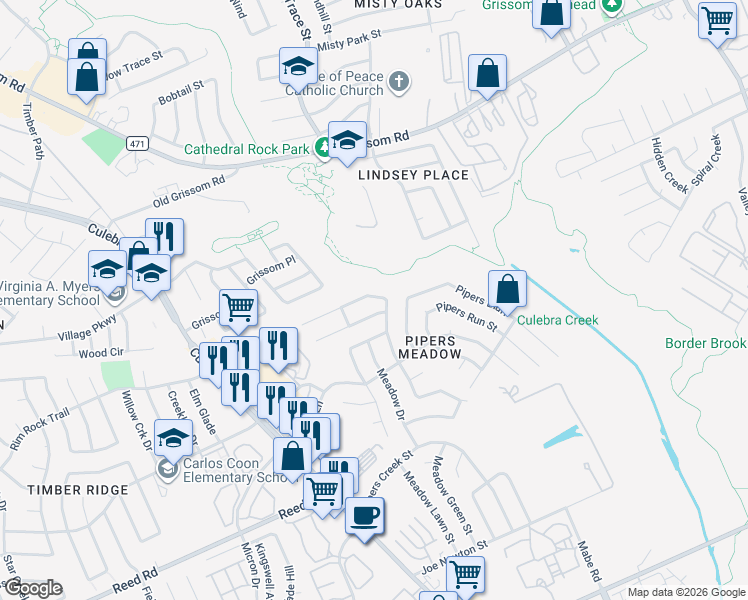 map of restaurants, bars, coffee shops, grocery stores, and more near 7750 Pipers Hill in San Antonio
