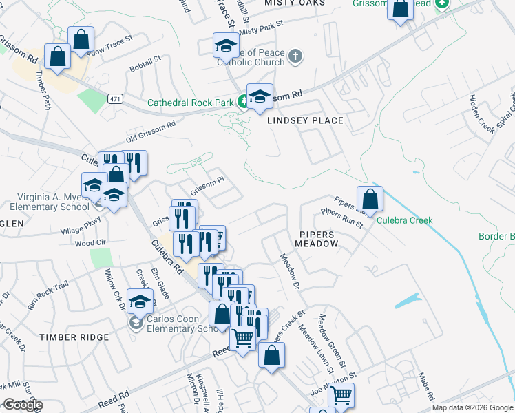 map of restaurants, bars, coffee shops, grocery stores, and more near 3807 Pipers Meadow Street in San Antonio