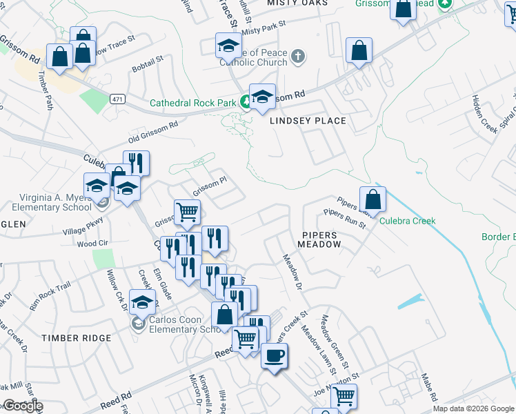 map of restaurants, bars, coffee shops, grocery stores, and more near 3807 Pipers Meadow Street in San Antonio