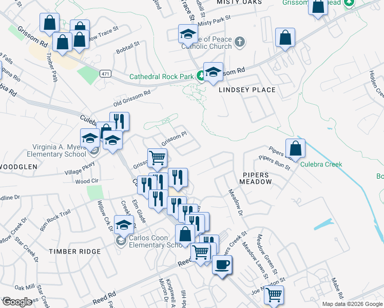 map of restaurants, bars, coffee shops, grocery stores, and more near 8030 Grissom Brook in San Antonio