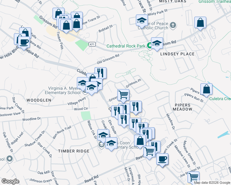 map of restaurants, bars, coffee shops, grocery stores, and more near 3703 Grissom Branch in San Antonio