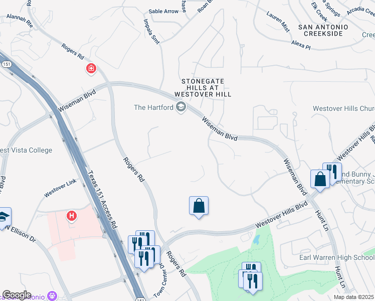 map of restaurants, bars, coffee shops, grocery stores, and more near 10000 Rogers Run in San Antonio