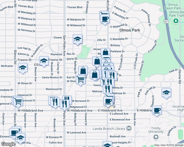 map of restaurants, bars, coffee shops, grocery stores, and more near 220 Millard Street in San Antonio