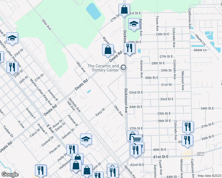 map of restaurants, bars, coffee shops, grocery stores, and more near 3210 Acorn Circle in Dickinson