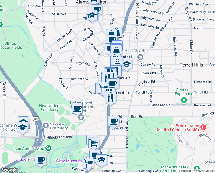 map of restaurants, bars, coffee shops, grocery stores, and more near 4901 Broadway in San Antonio
