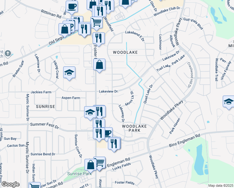 map of restaurants, bars, coffee shops, grocery stores, and more near 6711 Calm Lake Drive in San Antonio