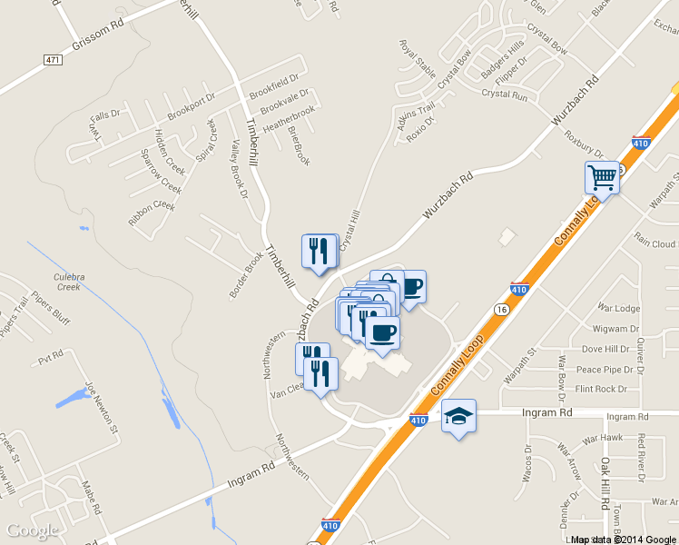 map of restaurants, bars, coffee shops, grocery stores, and more near 3602 Wurzbach Road in San Antonio