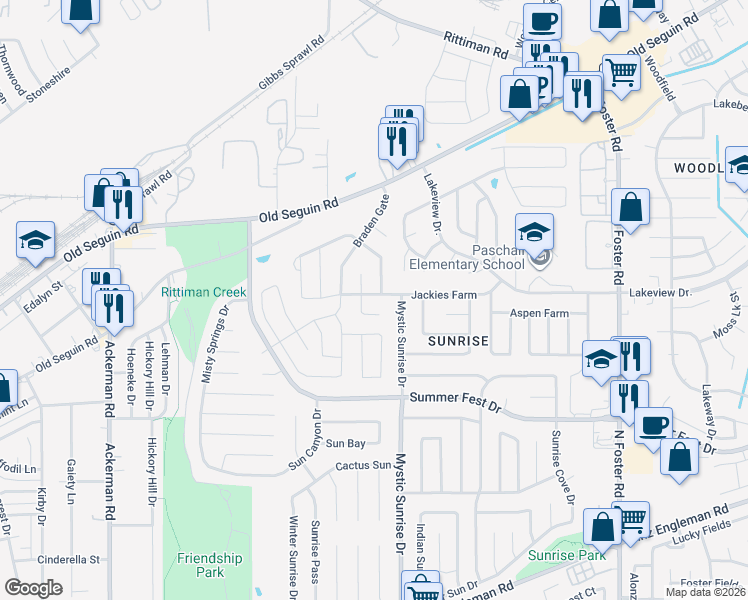 map of restaurants, bars, coffee shops, grocery stores, and more near 6010 Jackies Farm in San Antonio
