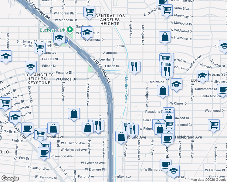 map of restaurants, bars, coffee shops, grocery stores, and more near 1245 Santa Monica Street in San Antonio
