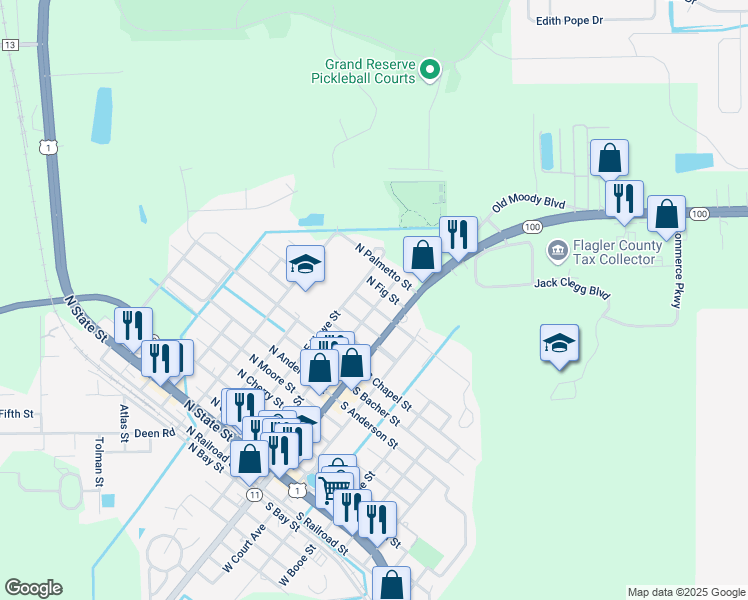 map of restaurants, bars, coffee shops, grocery stores, and more near 1100 East Lambert Street in Bunnell