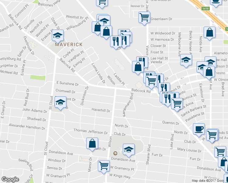 map of restaurants, bars, coffee shops, grocery stores, and more near 2617 Wilson Boulevard in San Antonio