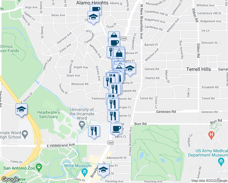 map of restaurants, bars, coffee shops, grocery stores, and more near 100 Mary D Avenue in Alamo Heights