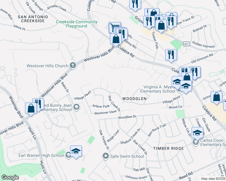 map of restaurants, bars, coffee shops, grocery stores, and more near 2503 Wood Run in San Antonio